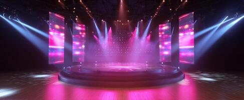 The vibrant stage illuminated by colorful lights for an unforgettable performance. photo