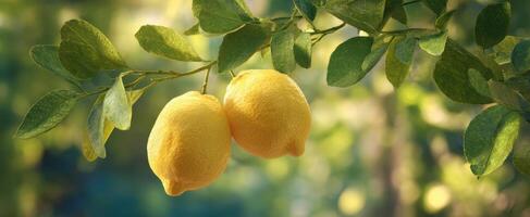 The vibrant lemons hanging beautifully on a lush green branch photo