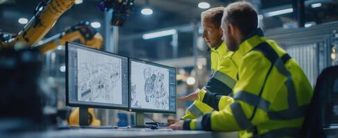 The engineers collaborating on robotic process design in a modern factory environment. photo
