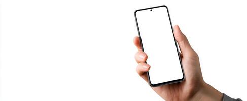 The hand holding a smartphone with a blank screen for customization. photo