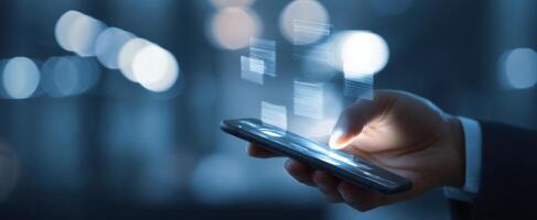 The smartphone displaying digital information in a modern, futuristic setting. photo
