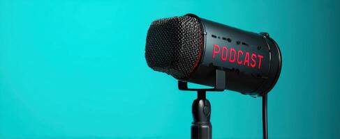 The podcast microphone capturing voices in a vibrant studio setting. photo