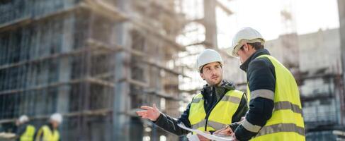 The construction workers discussing project plans at a building site. photo