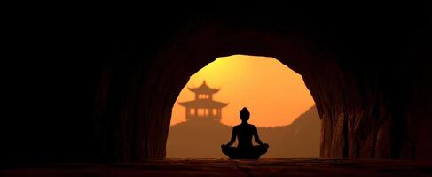 The silhouette of a meditating figure against a serene sunset backdrop. photo