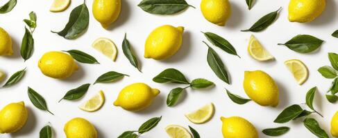 The vibrant display of fresh lemons with green leaves and slices. photo