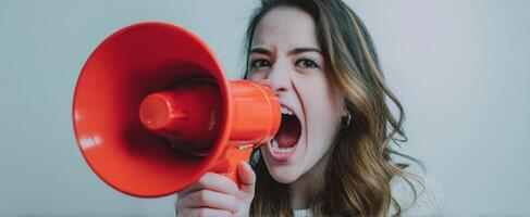The woman passionately shouting into a bright orange megaphone in a studio setting. photo