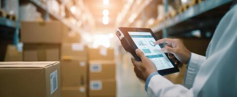 The tablet in a warehouse for efficient inventory management and analysis. photo
