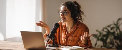 The engaging woman hosting a podcast in a bright, modern studio environment. photo