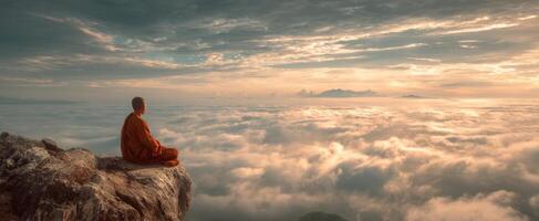 The monk meditating peacefully above the clouds at sunset. photo