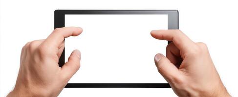 The hands holding a blank tablet screen ready for content insertion photo