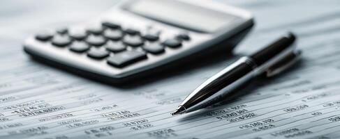 The calculator and pen resting on financial documents for analysis photo