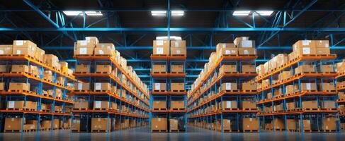 The organized warehouse filled with storage boxes and industrial shelving. photo