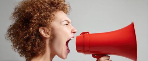 The expressive woman passionately shouting into a red megaphone. photo
