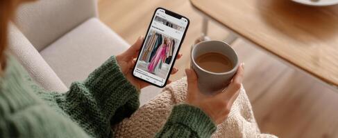 The woman holding a smartphone while enjoying coffee in a cozy living space. photo