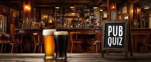 The inviting pub quiz scene with glasses of beer on a wooden table. photo