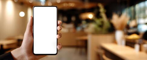 The smartphone held in a hand ready for a blank display mockup. photo