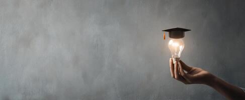 The graduation cap light bulb symbolizing knowledge and innovation in education. photo