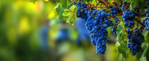 The clusters of blue grapes hanging from lush green vines in a vineyard. photo