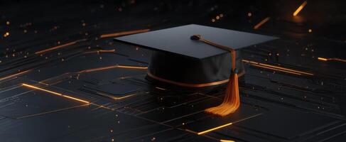 The graduation cap standing out on a futuristic technology background. photo