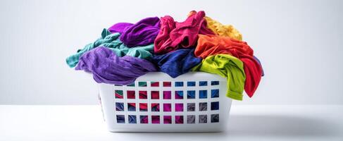 The colorful laundry basket overflowing with freshly washed clothes photo