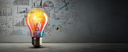 The colorful lightbulb illuminating innovative ideas and scientific concepts in a modern space. photo
