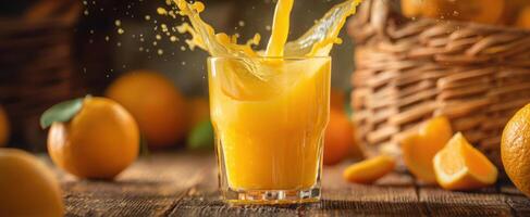 The vibrant splash of fresh orange juice in a glass photo