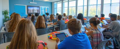 The engaged students using tablets in a modern classroom setting. photo