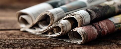 The rolled newspapers resting on a rustic wooden table showcasing classic journalism. photo
