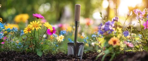 The vibrant flowers with a garden shovel resting in rich soil. photo