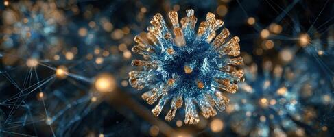 The Intricate Structure of a Virus Represented in Blue and Gold Colors photo