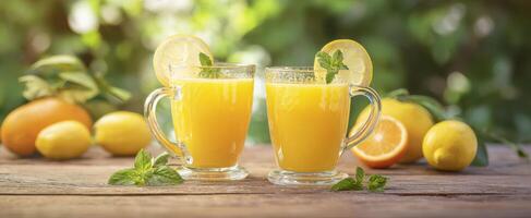 The refreshing lemonade drinks garnished with mint and lemon slices. photo