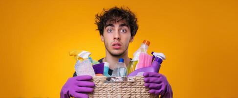 The surprised man holding a basket full of cleaning supplies in a vibrant setting. photo