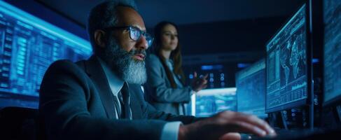 The focused professionals analyzing data in a high-tech workspace. photo
