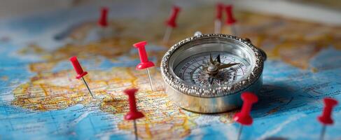 The vintage compass resting on a colorful world map with pushpins. photo