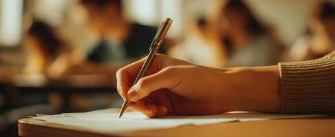 The student's hand writing notes during an exam in a classroom setting. photo