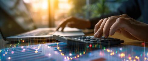 The hands actively engaging with a calculator and laptop in a business setting. photo