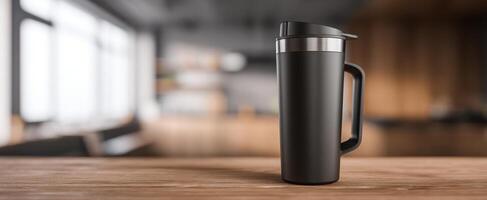 The sleek black mug in a cozy kitchen setting. photo