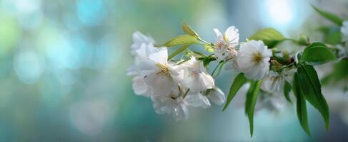 The delicate white blossoms of spring blooming on a tranquil branch. photo