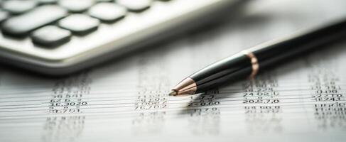 The elegant pen rests on a financial spreadsheet with calculator nearby. photo