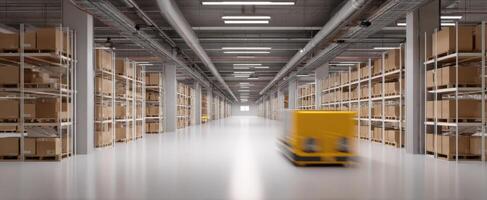 The yellow forklift moving swiftly through a spacious modern warehouse. photo