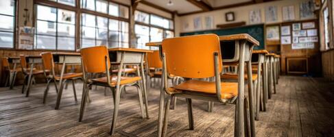 The empty classroom with orange desks and bright natural light. photo