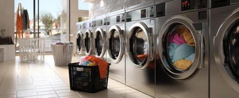 The bright and modern laundry facility with colorful clothing in washing machines. photo