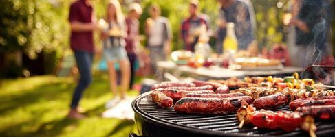 The vibrant barbecue scene featuring sausages sizzling on the grill. photo