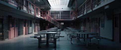 The stark interior featuring tables in a prison corridor environment. photo
