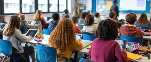 The modern classroom with students engaged in interactive learning using tablets. photo