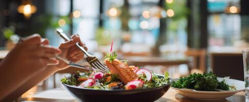 The elegant salmon salad served in a contemporary dining setting photo