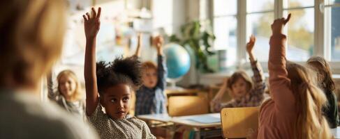 The eager children raising hands in a vibrant classroom setting. photo