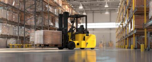 The yellow forklift operating in a busy warehouse environment. photo
