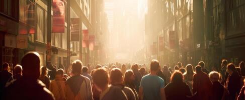 The bustling crowd in a sunlit urban street during golden hour. photo
