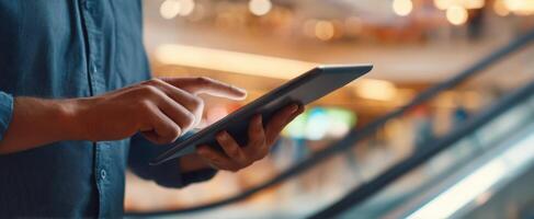 The person using a tablet device in a shopping mall environment. photo